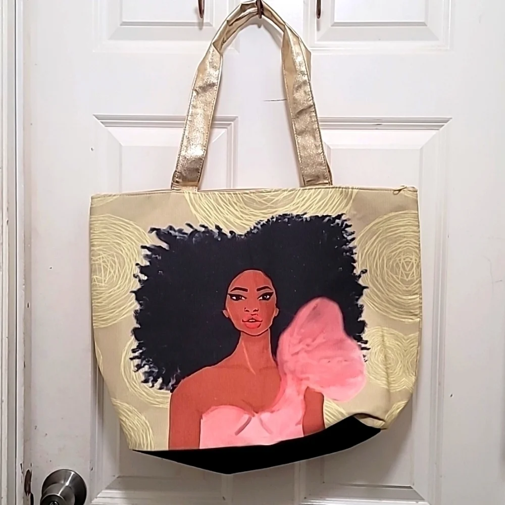 African American Expressions Canvas Handbag Women Large Beige Tote Bag Pink Afro